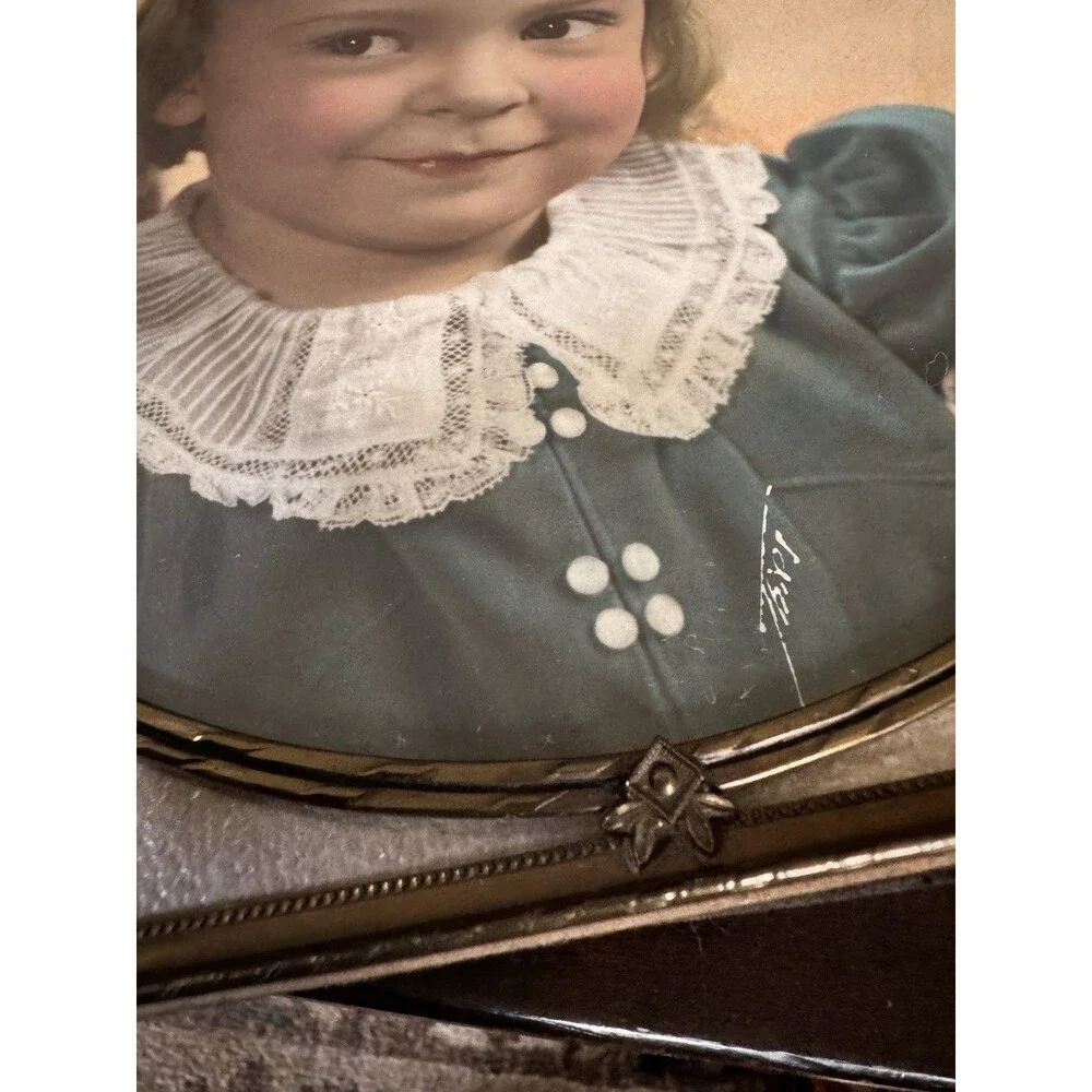 Antique Brass Picture Frame Art Deco Pretty LittleGirl Original Photo Felt Back